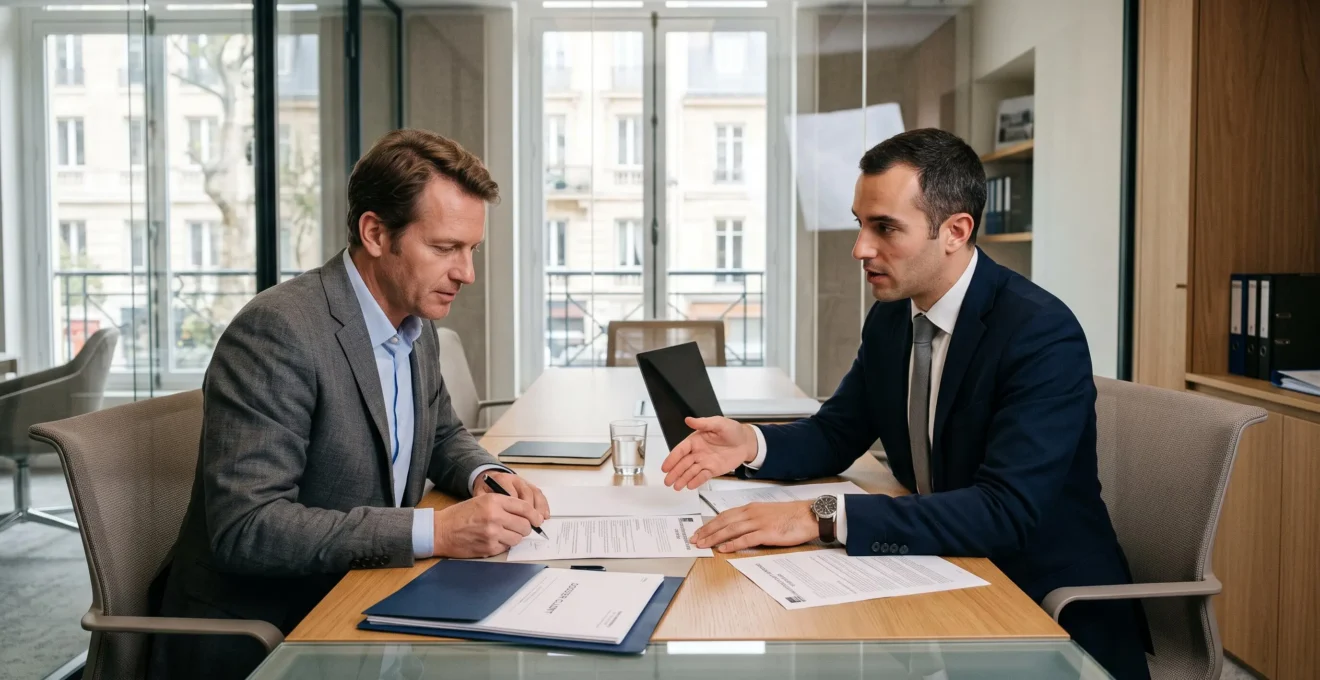 Un client signe un dossier de nantissement avec son conseiller bancaire.