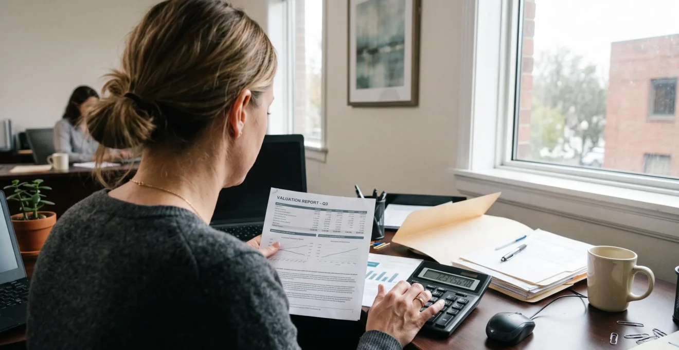 Une conseillère bancaire évalue une assurance vie avec une calculatrice.