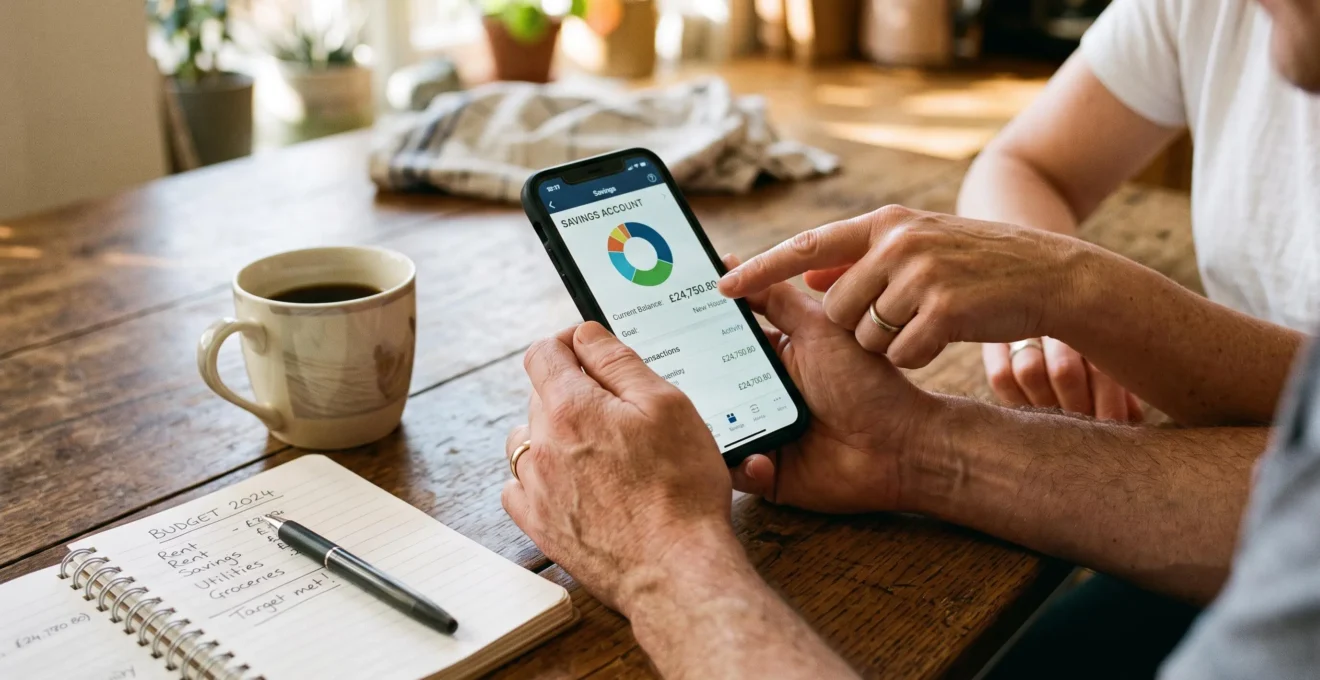 Un couple consulte son épargne sur un smartphone à la maison.